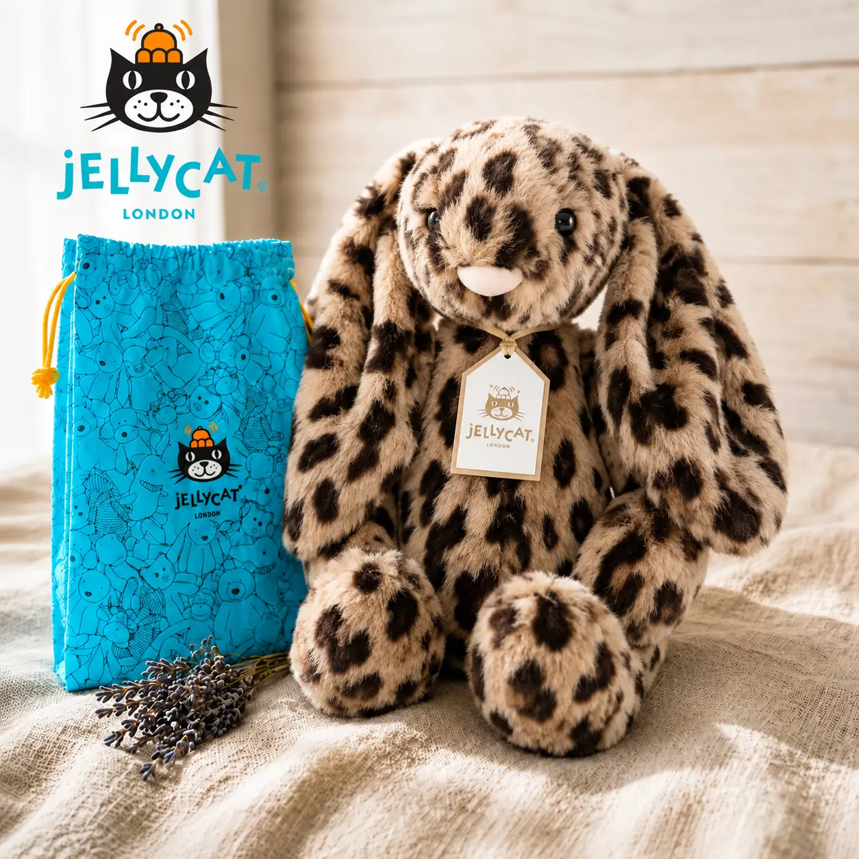 Jellycat Cobblehop Bunny Exclusive Plush Toy with Drawstring Gift Bag – Leopard-Print Long-Ear Stuffed Animal Gift for Birthdays and Collectors