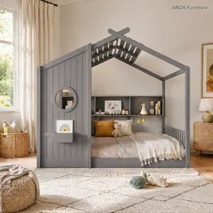Gray Full-Size Montessori Arch Floor Playhouse Bed for Toddlers - Child-Friendly Montessori Style Bed, Playhouse Roof, Built-In Storage Shelf, Some Assembly Required, Child-Friendly Beds, Montessori Style Beds
