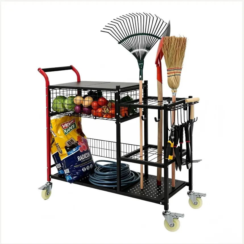 ANLEOLIFE Rolling Garden Workstation Cart - Mobile Potting Bench with Smooth 4-Inch Lockable Casters, Hand Tool Organizer Racks, Hooks, Storage Basket, Removable Work Surface for Sheds, Convenient Workspace