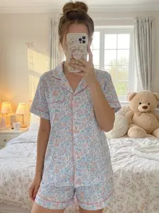 Women's Macaron Ditsy Floral Pajama Set, Short Sleeve Shortsuit, All-Season Comfortable Homewear, Loungewear Pjs, Button Front Casual, Nightwear, Pyjamas, Pjs