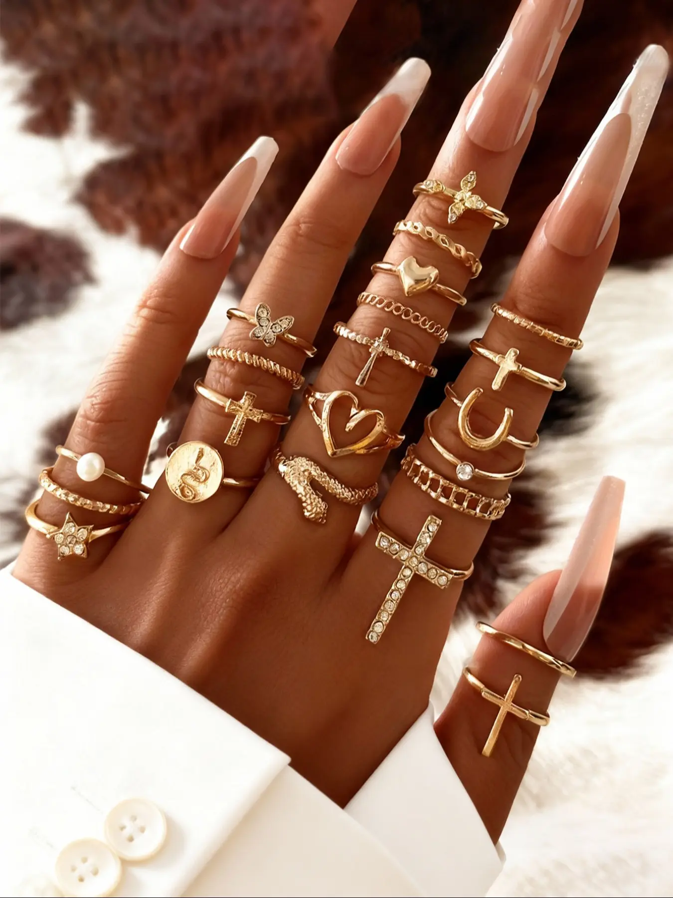 22 Piece Set Simple Fashion Vintage Rhinestone Heart Joint Stackable Rings, Cross Snake Star Ring Set, Elegant Rhinestone Ring, Statement Multi Ring, Perfect for Parties Gifts Daily Wear, Stackable Finger Rings