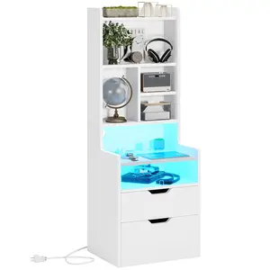 SIKAIC Smart Tall Nightstand, Multi-Functional Bedside Table with 2 Drawers, Charging Station, LED Lights and Bookshelf for Bedroom, Living Room Indoor Furniture, Smart Nightstand
