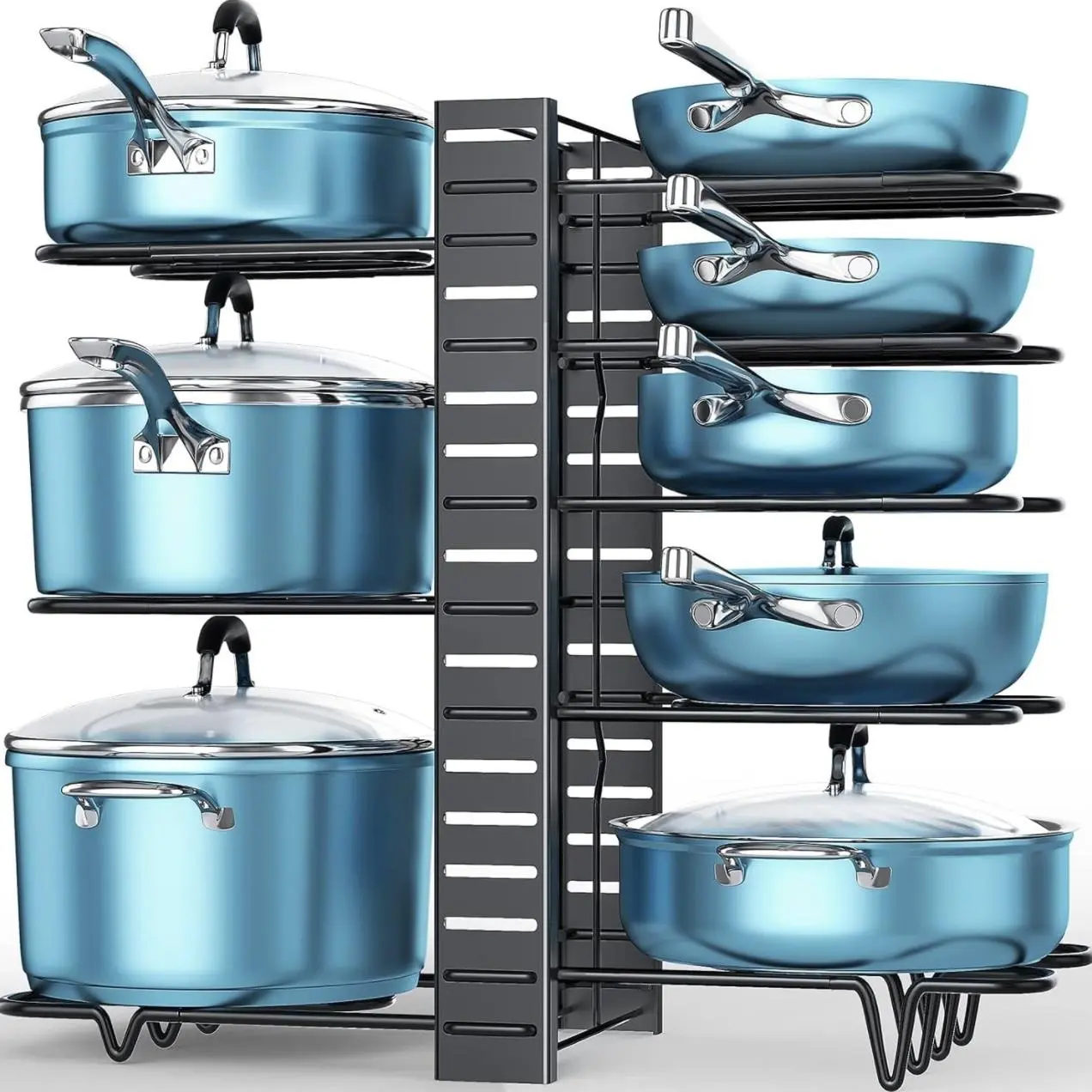 Sturdy Universal Rectangle Pot and Pan Organizer Rack - Heavy-Duty Iron Metal, 8-Tier Adjustable, Rubber Inserts, 3 DIY Installation Methods, Larger Size, Baking Lid Compatible, 20-25kg Load Capacity, Scratch-Resistant Kitchen Shelf for Cabinet/Countertop