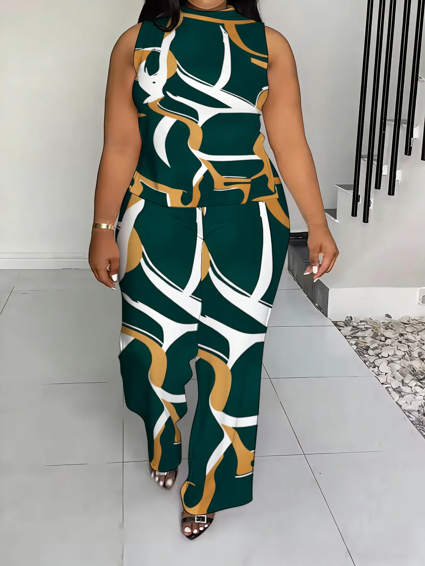 Women's 2026 New Plus Size Printed 2 Piece Set – High Neck Sleeveless Top & Wide Leg Pants, Elegant Casual Stylish Clothing