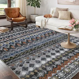 Large Living Room Rug Washable Distressed Geometric Printed Accent Rug, Non-Slip Low Pile Area Rug, Foldable Non-Shedding Floor Carpet for Bedroom, Office