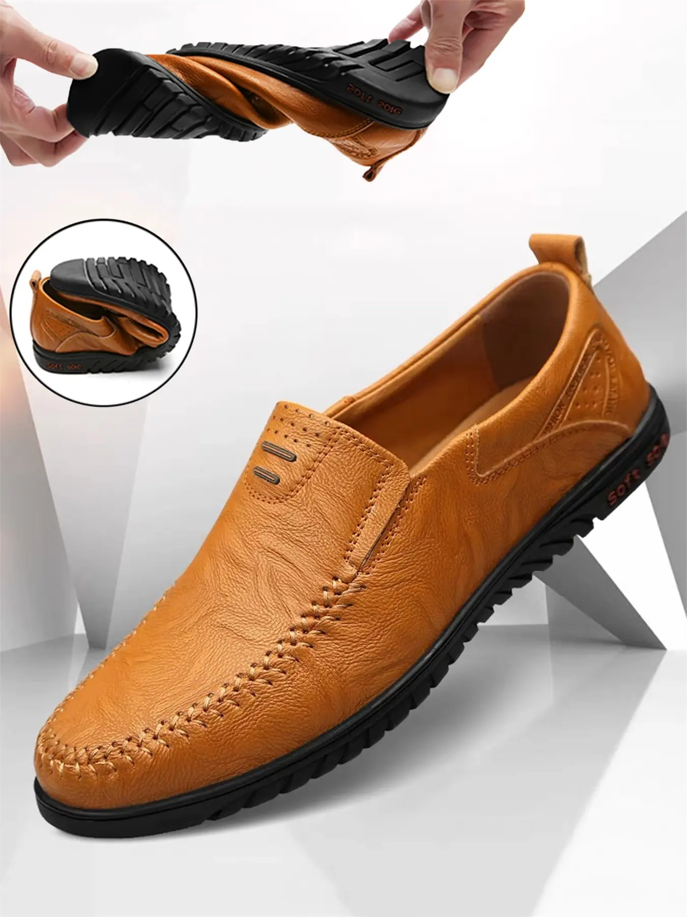 Men's Handmade Fashion Slip On Flat Loafers, Casual Business Leather Shoes, Moccasin Style, Lightweight Comfortable Retro Design, All Seasons Wear, Pu Leather Footwear