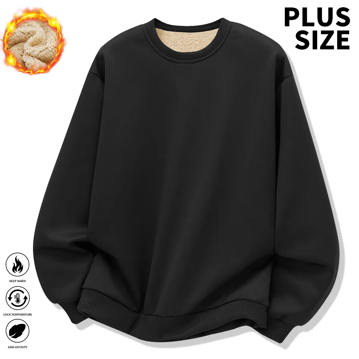 Men's Plus Size Fitted Plain Round Neck Long Sleeve Black Fleece Pullover Hoodie - Autumn Winter Casual Gym Athletic Fitness Clothes, Machine Washable Comfortable Plus Size Clothes, Mens Hoodies & Sweatshirts Tops, Black Fleece Hoodie, Menswear Athletic H