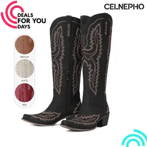 CELNEPHO Women Cowboy Boots Pointed Toe Embroidery Western Knee High Booties Chunky Block Heel Side Zipper Closure Vintage Country Cowgirl Boot Easy Pull on Wide Calf for Work Wedding Outdoor Events Gift Riding Dress Shoes Deals For You Days