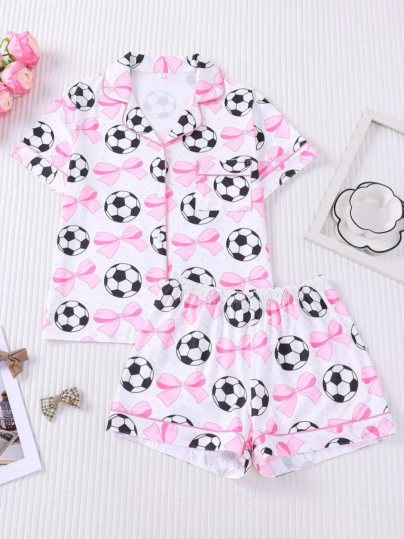 2-Piece Women's Pink Bow, Soccer & Football Print Matching Collared Pajama Set Pjs, Sweet Girly V-Neck Short Sleeve Top & Elastic Waist Shorts, Soft Comfort Loungewear with Pocket, All-Season Casual Sleepwear for Ladies, Homewear