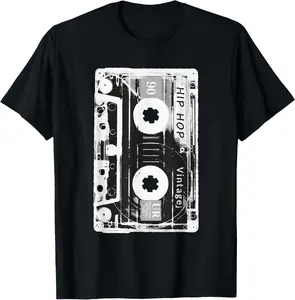 Vintage Cassette Tape Hip Hop Music 80s 90s Retro Distressed T-Shirt Cotton Short Sleeve Shirt Casual Tee streetwear