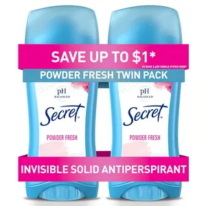Secret Antiperspirant and Deodorant for Women, 24hr Sweat & Odor Protection, PH Balanced Protection, Gentle on Skin, Invisible Solid, Powder Fresh Scent, 2.6 oz (Pack of 2)
