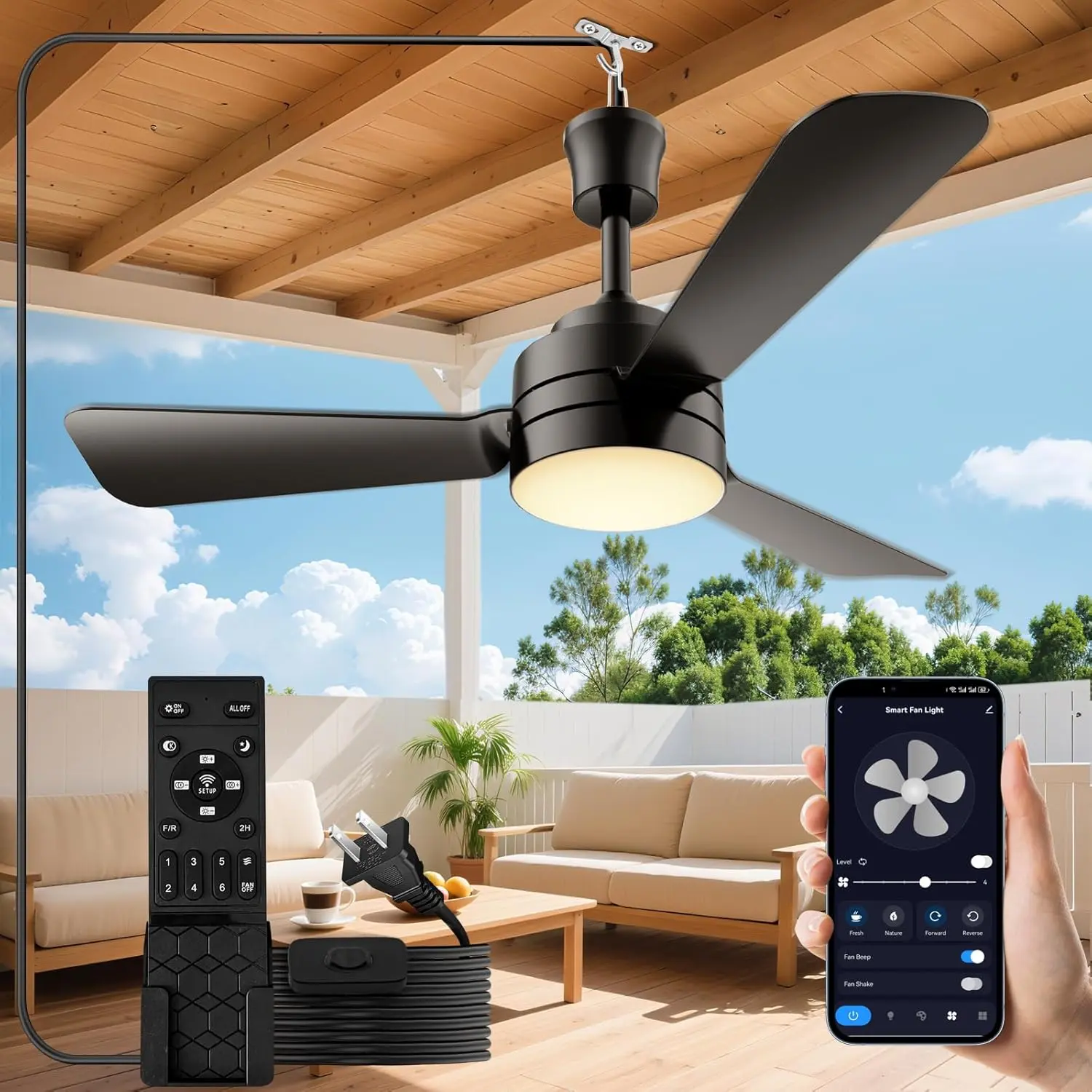 28" Gazebo Fan with Light,Plug in ceilling Fan Light,Outdoor Ceilling Fan with Light,35W 3000-6500k,Remote/APP Control,Portable Fan Light for Patios,Porch