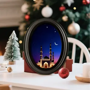 1 PC Ramadan Decoration Islamic Photo Frame, 5x7 Inch Oval Wooden Art with Eid Mubarak Print, Home & Office Desk Decor for Eid Gift