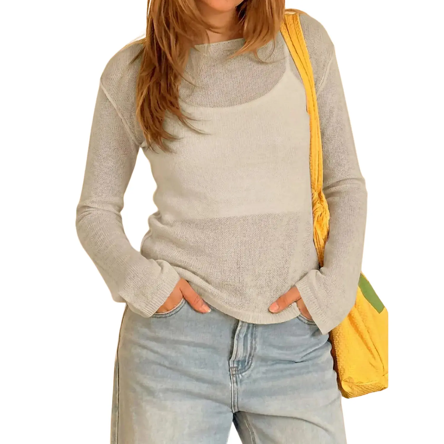 Imily Bela Womens Spring Summer Trendy Boat Neck Shirts Long Sleeve Lightweight Knit Pullover Sweaters Casual Sheer See Through Blouse Tops