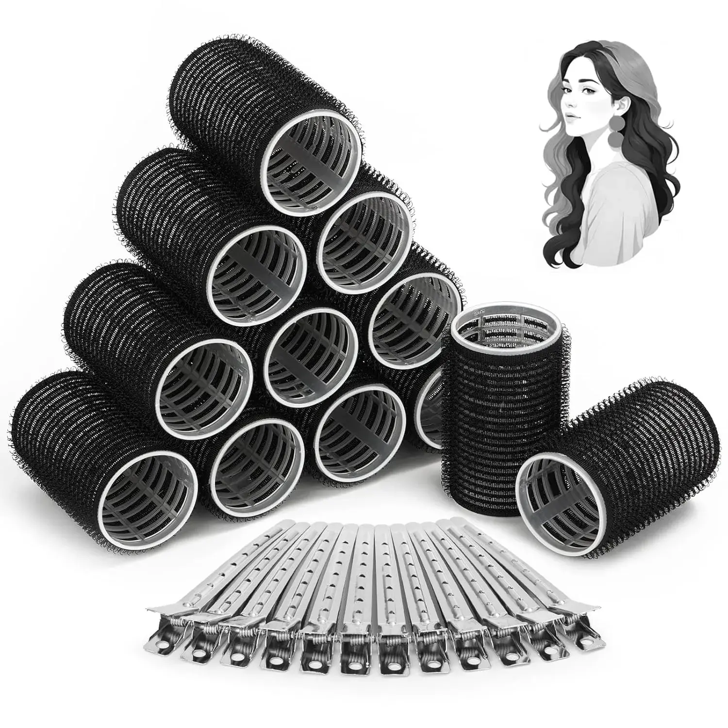 Hair Curlers Rollers, 12Pcs Hair Rollers Hair Curlers Self Grip Holding Rollers with 12 Pcs Hair Clips for Long Medium Short Thick Fine Thin Hair Bangs Volume