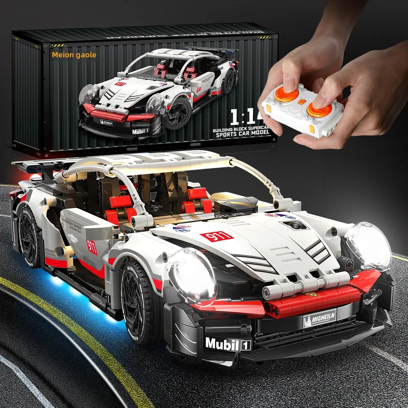 RC 911 Limited Edition 1:14 RC Supercar Block Kit – 1000+ PCS Build w/ Dual Motors & LED Light Effects | 2.4GHz Pro Control + Acrylic Display Case Perfect Holiday Gift, Buildingblocks, Race Car Model