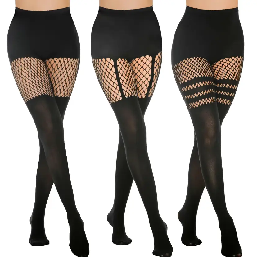 Women's 3-Pair Mock Thigh-High Stockings - Sexy Mesh, High Waisted, Over-Knee Look, Secure Hold, Fishnet Tights with Suspender Lace, Costume Wear for Valentine's Dress-Up, 2026 New (Pairs with Dresses and Jeans), Stripe Accents, Suspender Fit, Triple Stri