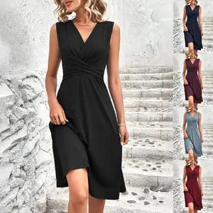 2026 Spring & Summer Versatile Midi Dress - Sleeveless V-neck Twist Waist Slim Fit Irregular Hem Dress | Casual Elegant Polyester Fabric Womenswear Piece | Perfect for Spring, Summer & Any Occasion