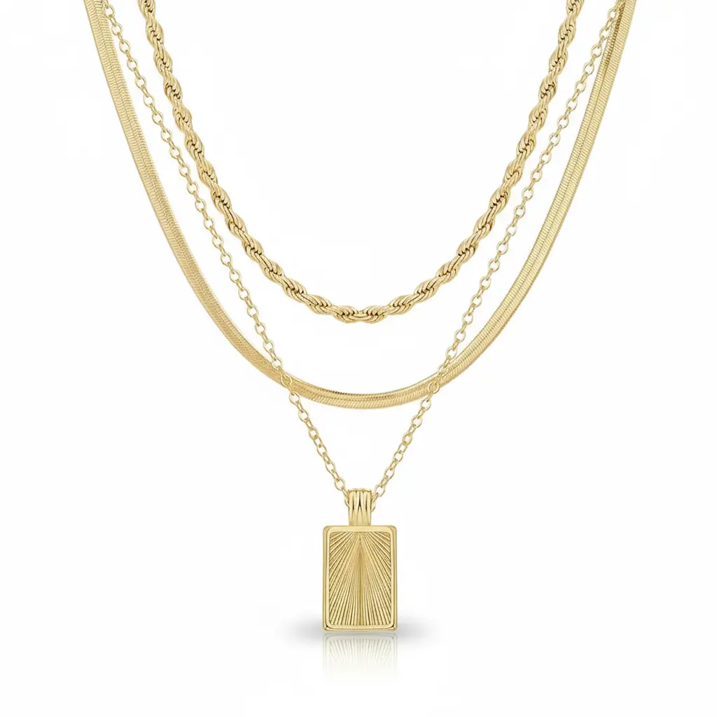 14K Gold-Plated Layered Necklace | Twisted + Herringbone Chains | Adjustable Fit | Perfect for Her