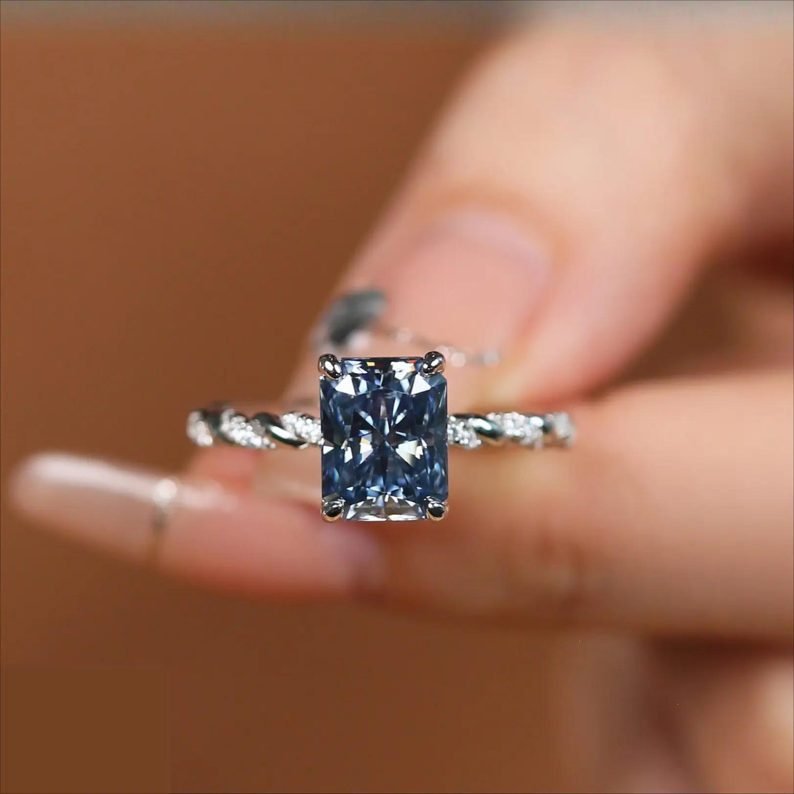 925 Silver Moissanite Ring for Women, Elegant Twisted Band with Side Stones, Radiant-Cut London Blue & Light Green Options, 925 Stamp Rings, Blue Moissanite Rings