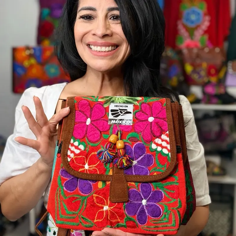 Mochila gamuza bordada  de Mexican  Bag Hermosa  with Floral Embroidery & Gold Charm Artisanal Handcrafted Chiapaneco Handbag, bolsa artesanal