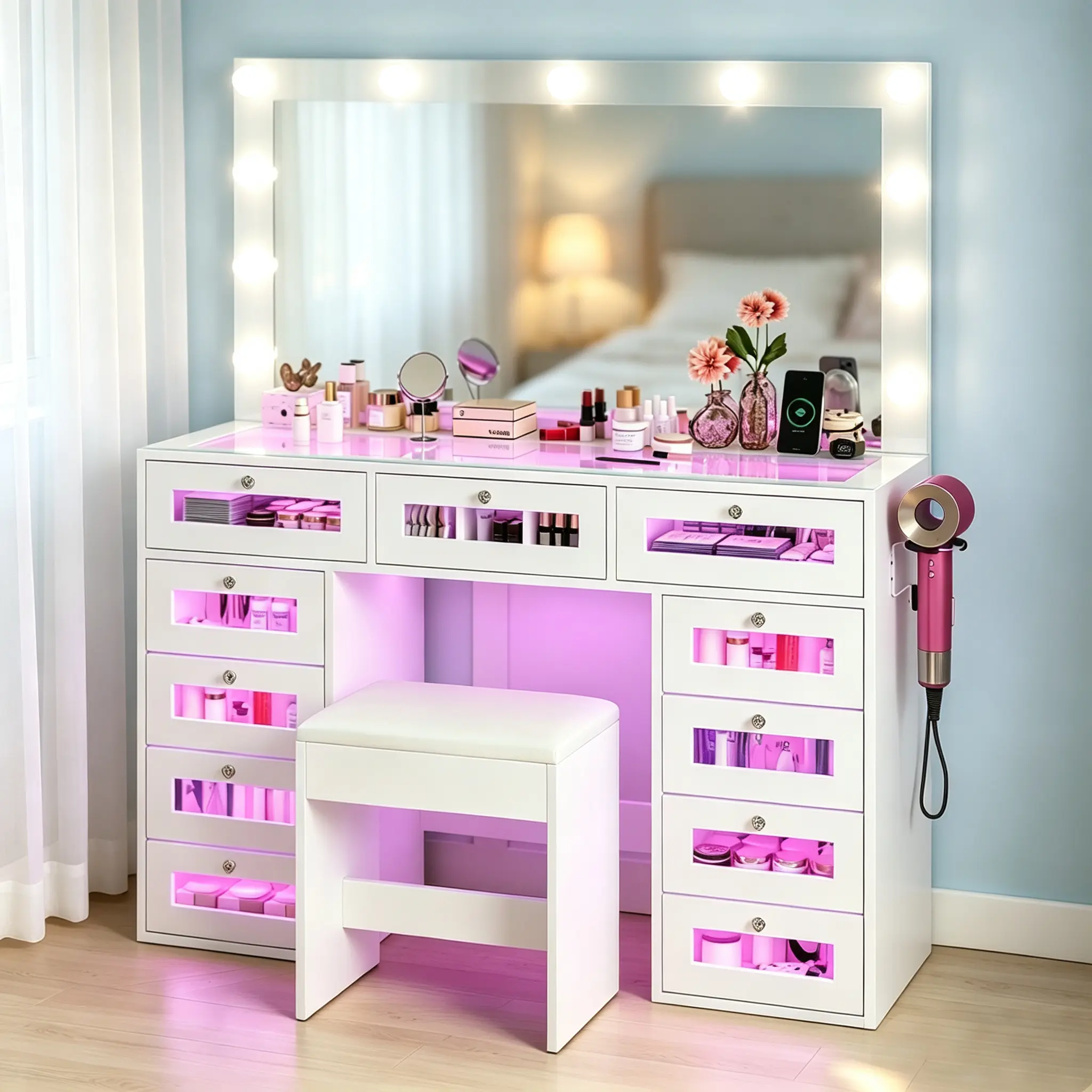 CollaredEagle Vanity Desk with Makeup Mirror, LED Lighted Vanity Table, Makeup Organizer & Storage Table, Modern Bedroom & Dorm Vanity Furniture for Daily Grooming