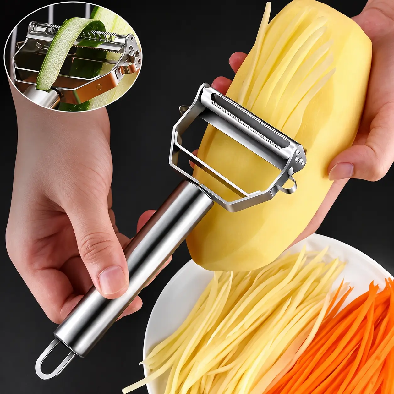 1PC Stainless Steel Julienne Peeler with Dual Blades, Manual Vegetable Slicer for Potatoes, Carrots and Fruits, Dishwasher Safe Kitchen Prep Tool