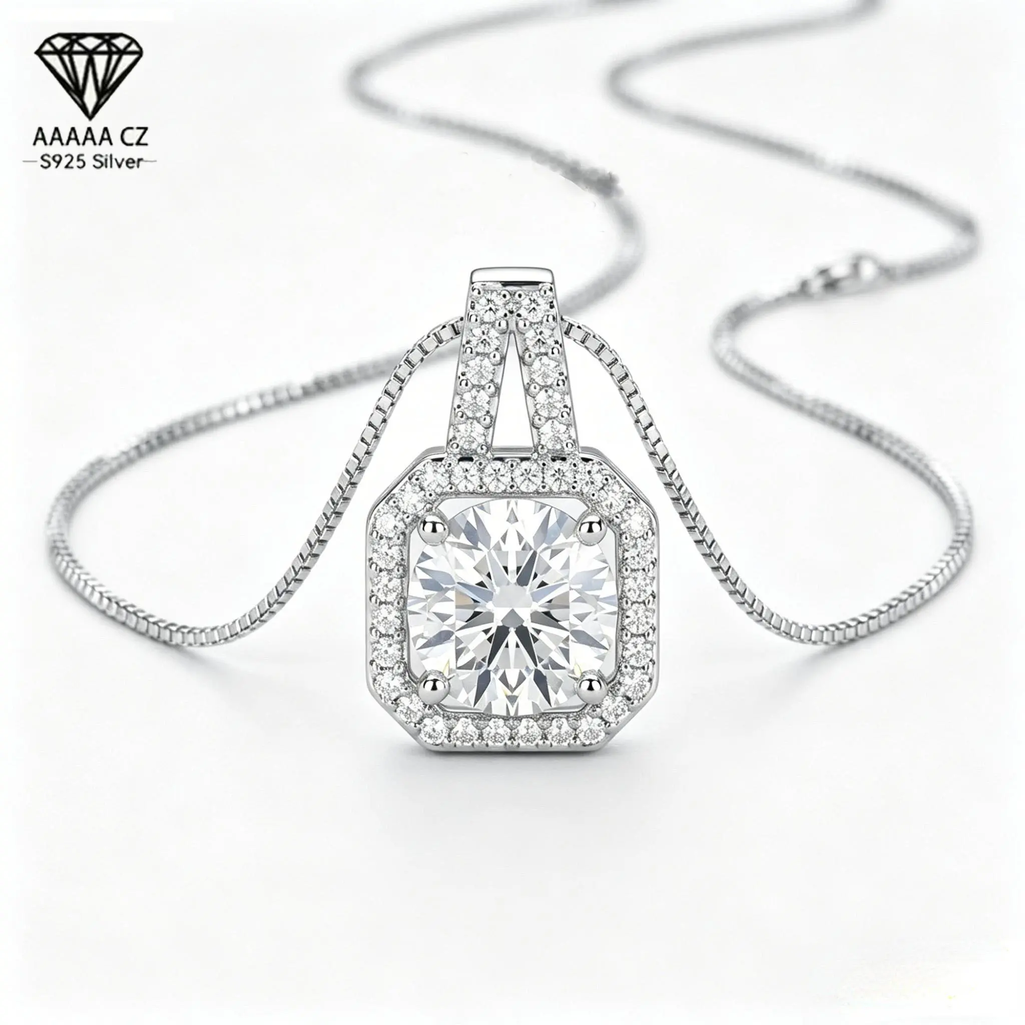 Women's Silver-Plated Geometric Square Pendant Necklace, Bezel-Set Cubic Zirconia, 45cm/17.7in Minimalist Box Chain, Bright Neutral Look Daily Jewelry for Coffee Dates, Birthday Gift, Bezel Setting