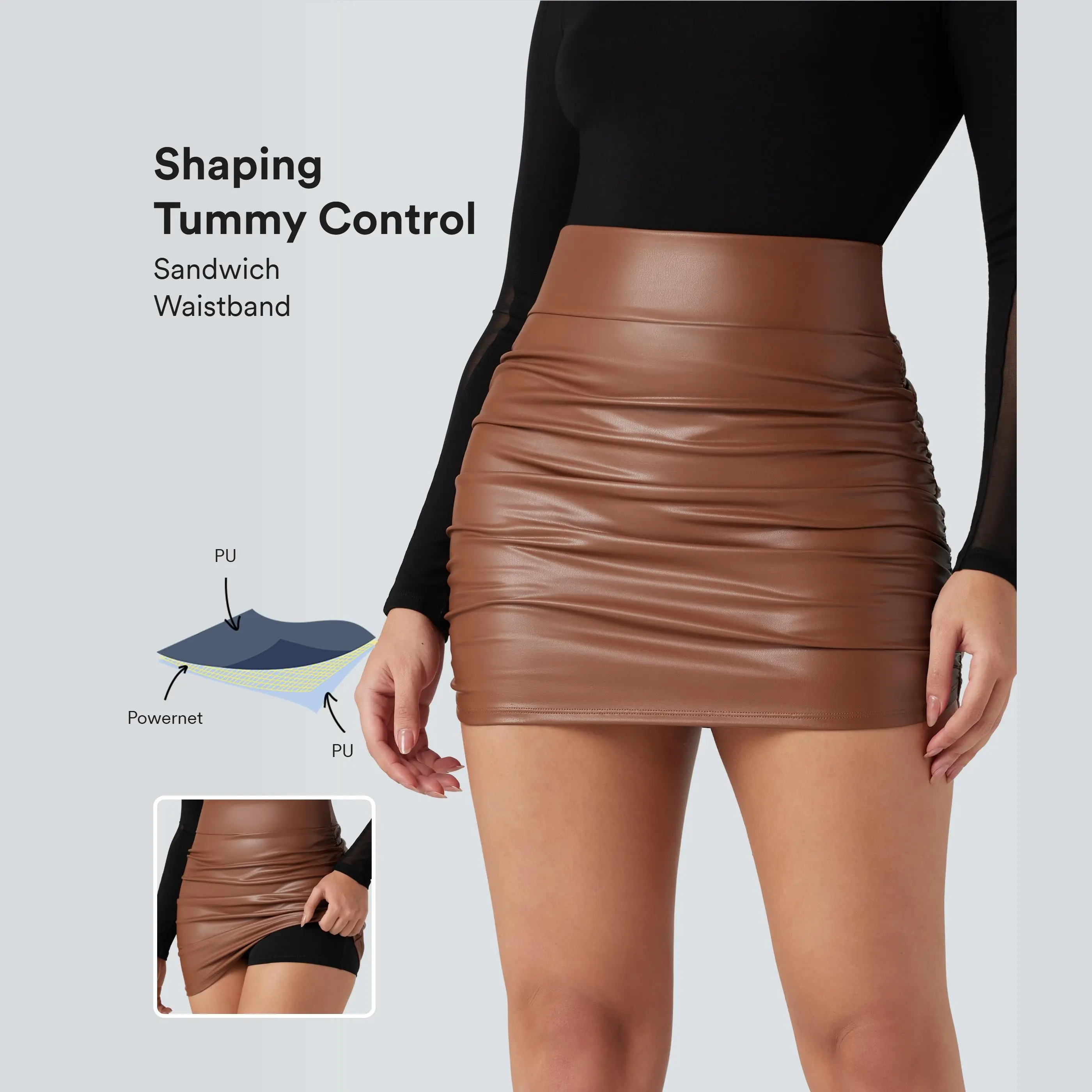 【Creator‘s Pick】Halara High Waisted Tummy Control Ruched Curved Hem 2-in-1 Fleece PU Mini Bodycon Skirt