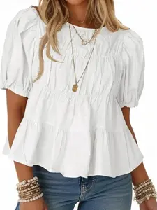 Tankaneo Womens Puff Sleeve Peplum Babydoll Tops Summer Smoked Pleated Cotton T-Shirts Casual Loose Fit Flowy Blouse