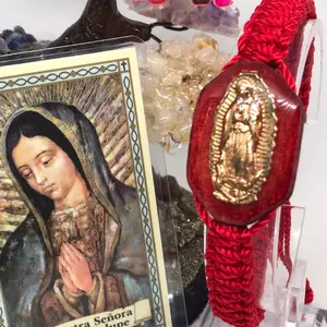 Handcrafted Virgen de Guadalupe Double Woven Fabric Bracelet with Gold Image on Wooden Resin Panel Includes Spanish Prayer Card