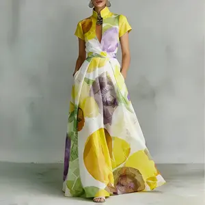 Women's 2026 Vacation Floral Printing Stand Collar Maxi Dress Loose Fit Summer Casual Dress with Pockets, summeroutfits, vacationoutfits,beachoutfits A-Line Loose Pleated Pockets Printed Zipper Stand Collar Maxi Dresses
