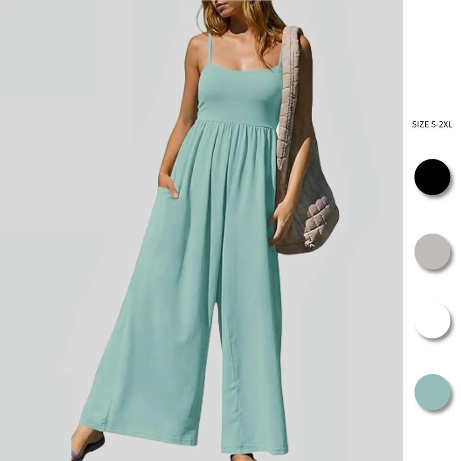Imily Bela Womens Summer Jumpsuits One Piece Casual Loose Overalls Spaghetti Strap Wide Leg Rompers with Pockets Workout Outfits