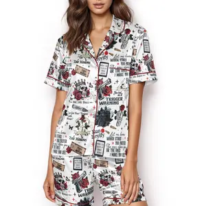 Run Little Mouse Haunting Adeline Short Sleeve Satin Pajamas Set For Women, Dark Romance Smutty Book Zade Meadows Pjs For Book Lovers, Casual Comfy Short Sleeves, Loungewear Nightwear Pajama