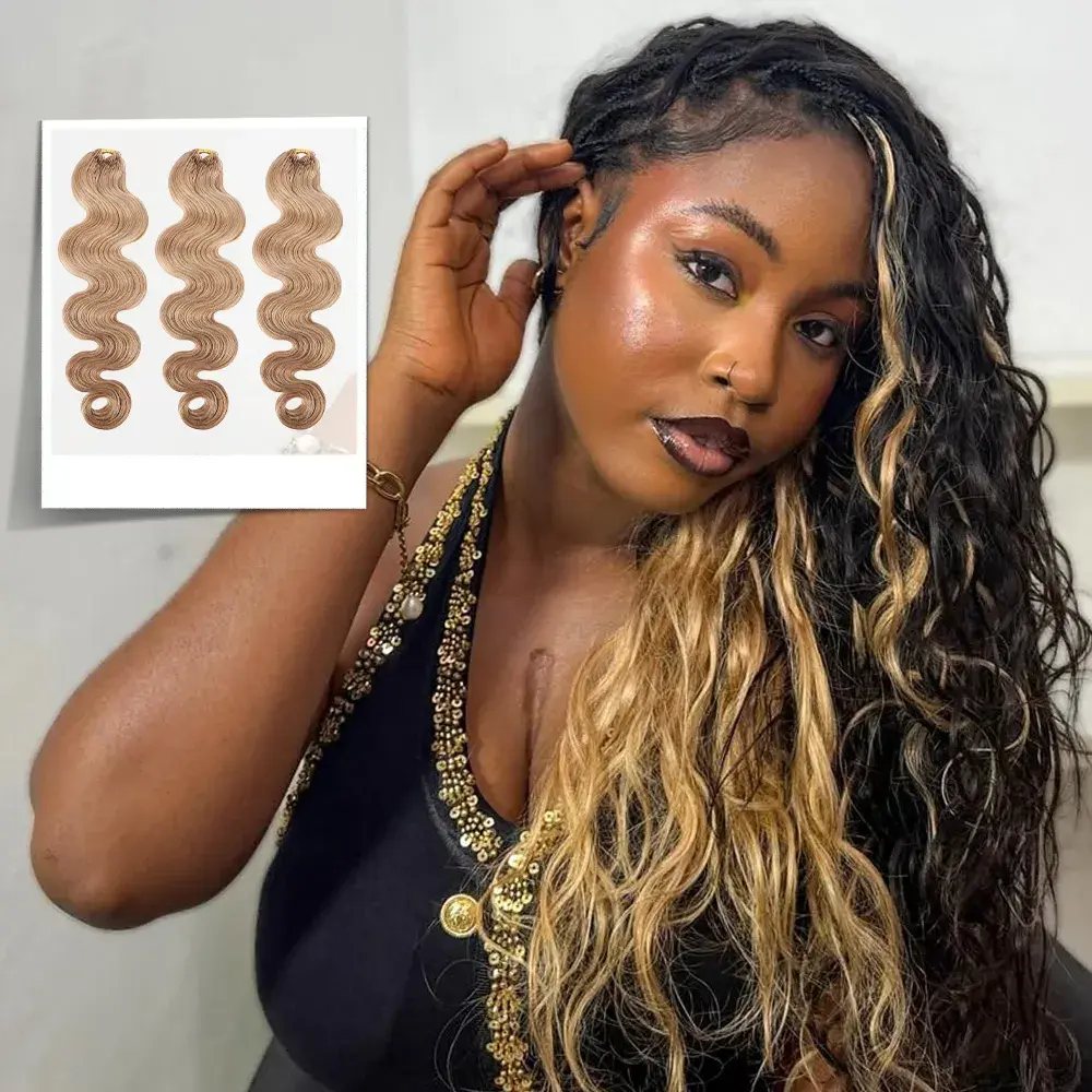 YGwigs Colored Feather Crochet Hair Extension Human Hair Mircale Knots 60g, #4 Dark Brown & #27 Strawberry Blonde