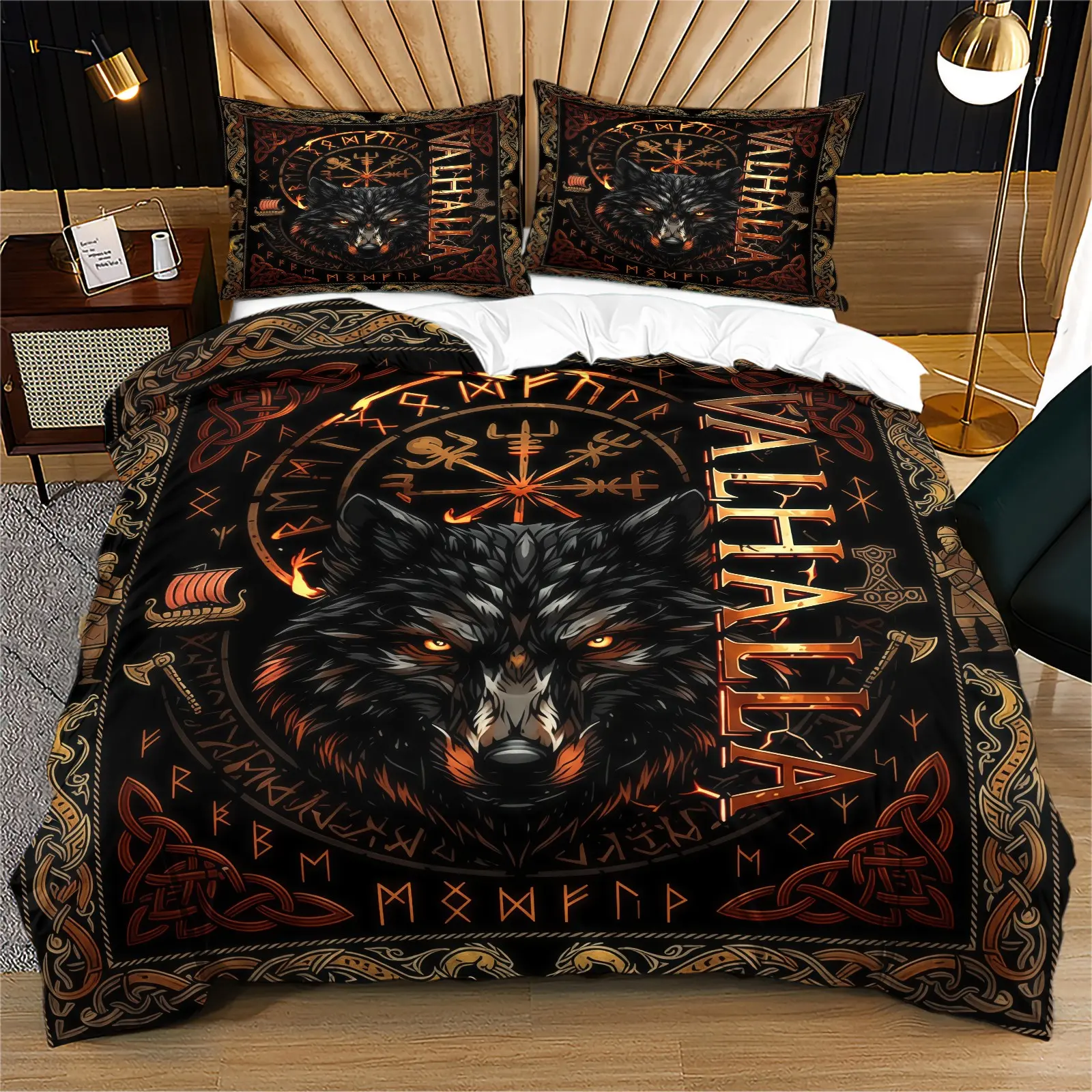 Nordic Hall Of Valor Wolf Theme Quilt Cover Set, Duvet cover sets, Viking Mythology Gothic Style Bedding Set (1 Quilt Cover + 1/2 Pillowcase, Not Containing Fillers), Suitable For Men, Viking Culture Enthusiasts, Bedrooms, Dormitories