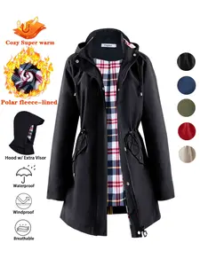 Women's Waterproof Fitted Rain Coat with Long Sleeves and Soft Fleece Lining, Warm Winter Outerwear for Cold Weather, Stylish Check-Lined Design, Ideal for Everyday Use