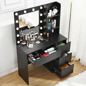 Modern Vanity Makeup Desk with Vanity Mirror, Built-in Lights, 4 Drawers, Crystal Ball Knobs, Power Outlet, White Makeup Desk for Bedroom