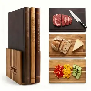 Book Shaped Cutting Board Set with Stand Solid Acacia Wood Decorative Kitchen Board for Fruit Bread Meat and Vegetables Gift for Book Lovers