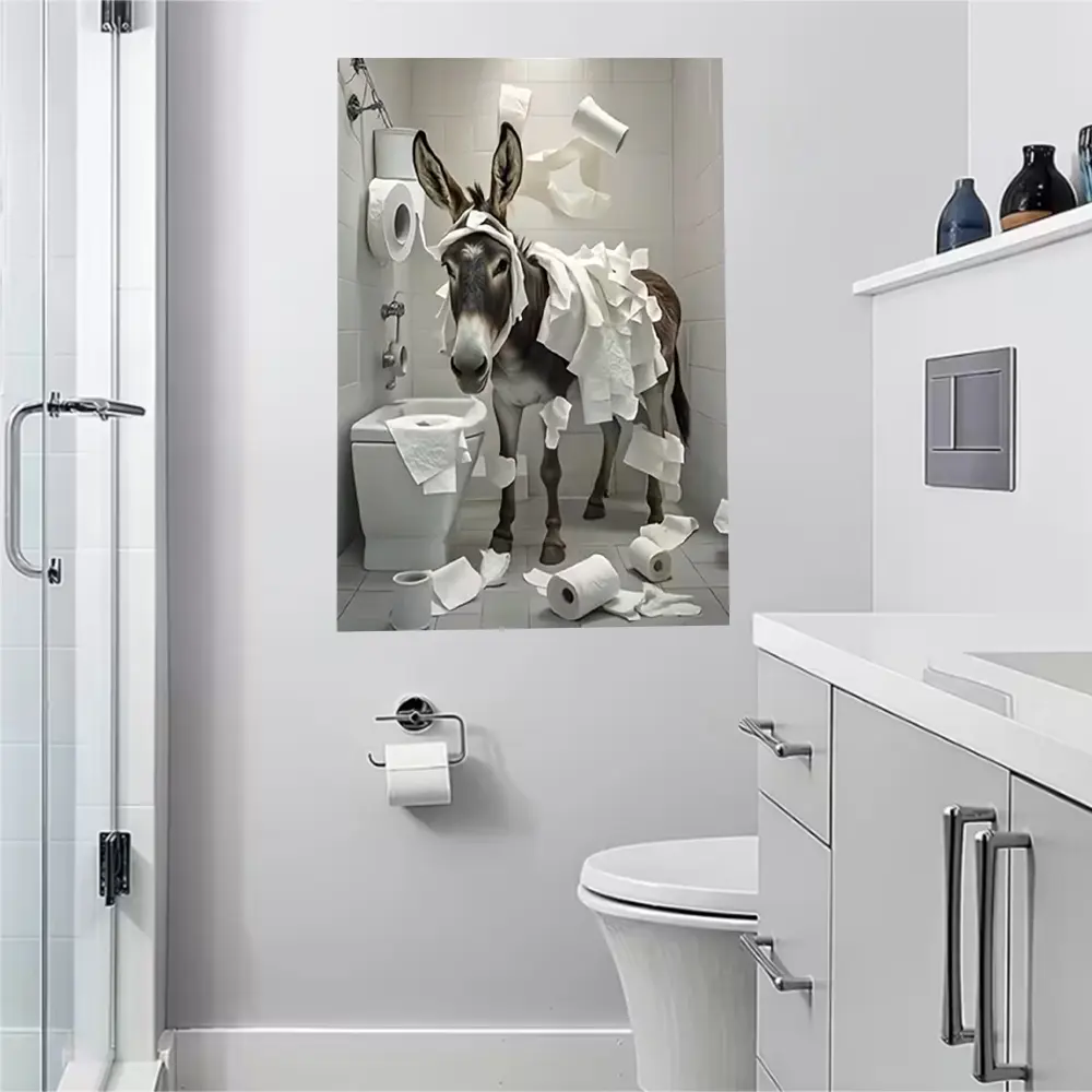 Farmhouse Vintage Funny Wood Donkey Poster - Bathroom Wall Decoration, Waterproof, Fade-Resistant, Toilet Paper-Themed Home Art Print, Unique Gift for Wedding, Father's Day, Black Friday, Chinese New Year