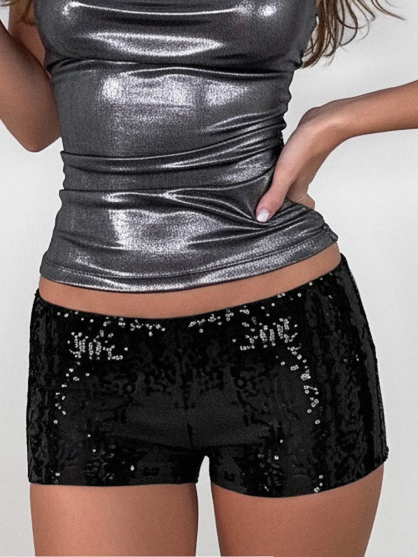 Women's Plain Sequin Low Waist Super Short Hot Pants, Low Rise Shorts, Fashionable Shorts, Street Style Vintage Fashion, Perfect for Parties and Daily Casual Wear, Womenswear Lady