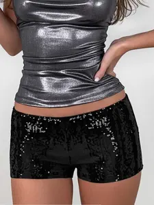 Women's Plain Sequin Low Waist Super Short Hot Pants, Low Rise Shorts, Street Style Vintage Fashion, Perfect for Parties and Daily Casual Wear, Womenswear Lady