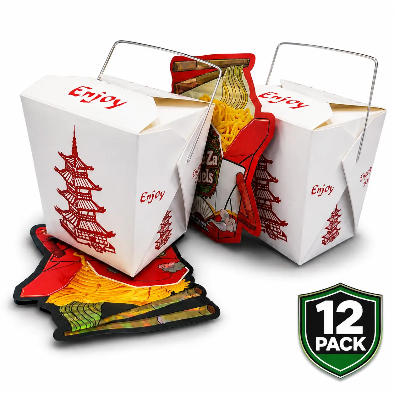 12 Pack Takeout Box with Noodle Storage Pouches – Choose Your Design