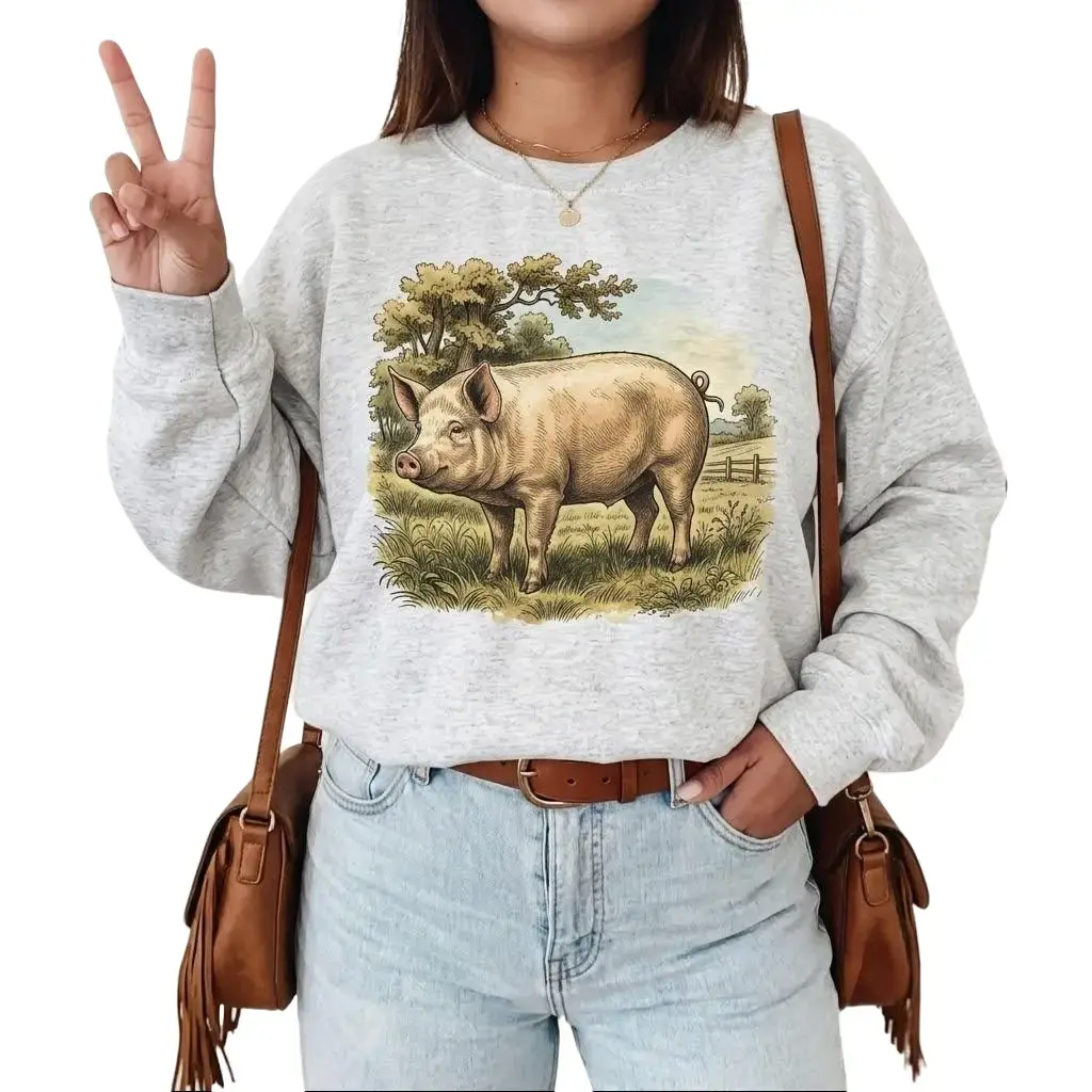 Women's Pig Print Retro Unisex Cotton Pullover Sweatshirt, Womenswear Vintage Boho Birds Accent Top