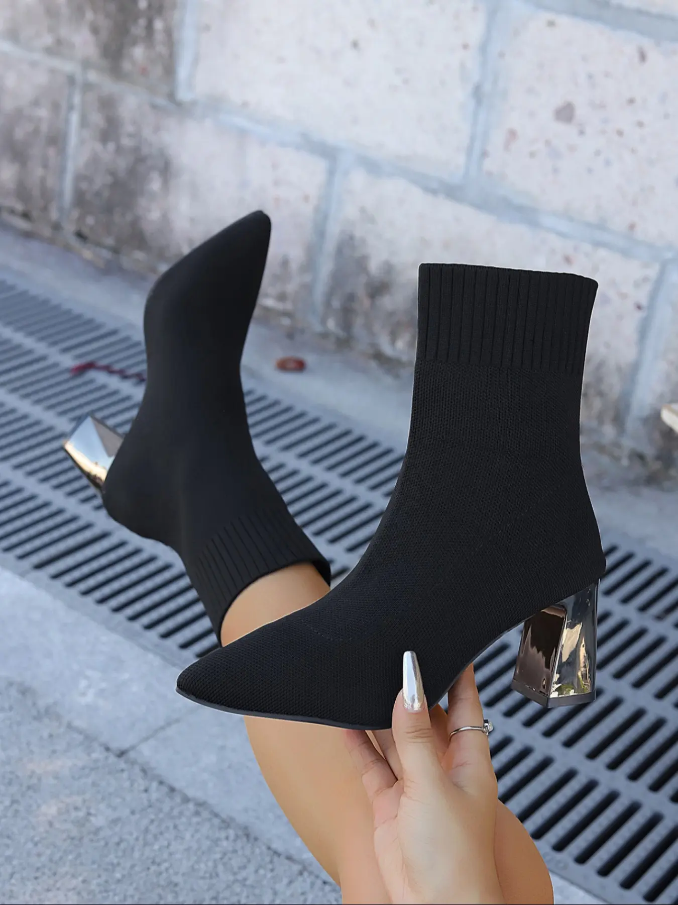 New Knitted Sock Boots Pointed Toe Chunky Heel Thick Heeled Boots Fashion Women's Booties Elastic Slimming Short Boots Casual Boots All Season Elegant Style