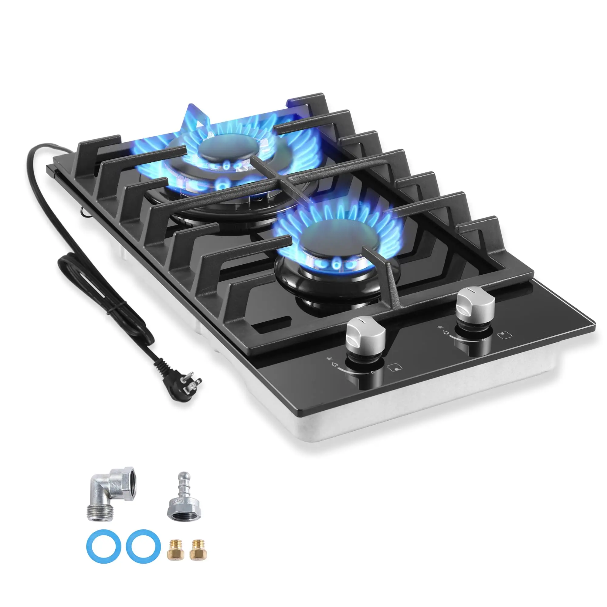 12-Inch Built-in Tempered Glass 2-Burner Portable Gas Stove (Model GH002-122G) - Compact, Heavy Duty, Safety Shutoff, Easy-Clean, High Efficiency, Dual Fuel Convertible (LPG/NG), for Mobile Home, RV, Small Kitchen Use