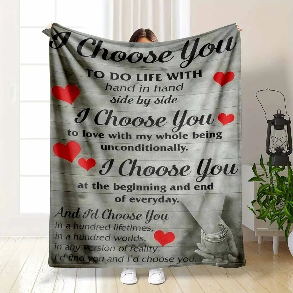I Choose You Flannel Blanket Romantic Love Quote Print Soft Cozy Throw Blanket Valentines Heart Design Warm Lightweight Decorative Bedding Gift for Couples Bedroom Sofa Anniversary Wedding Home Decor, Valentine Gifts, Wrinkle Resistant, Indoor/Outdoor, 30