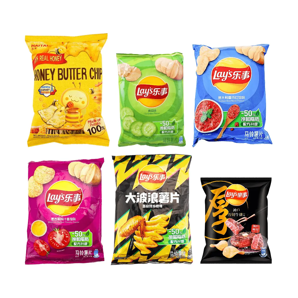 Lay's Global Flavors Potato Chips Variety Pack (6 Bags, 374g) - Honey Butter & More - Korean Snack for Parties & Gifts