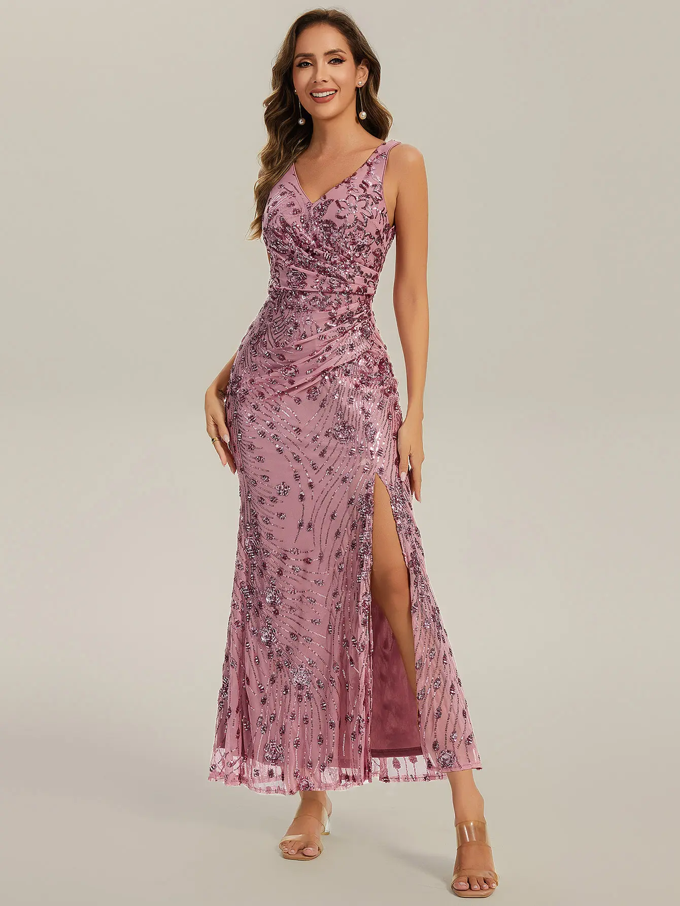 Ever-Pretty  dress holiday dress ,party dress,evening dress,Sequin & Heavy - Duty Embroidered V - Neck Sleeveless Maxi Dress with Side Slit, Ruched Waist & Open Back for Holiday Gala Events dress 2548