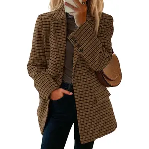 Mina Self 2026 Women's Long Sleeve Tweed Plaid Houndstooth Wool Blazer Outerwear - Fully Lined, Loose, Business Casual Elegant Suit with Pockets, Lady, Oversized